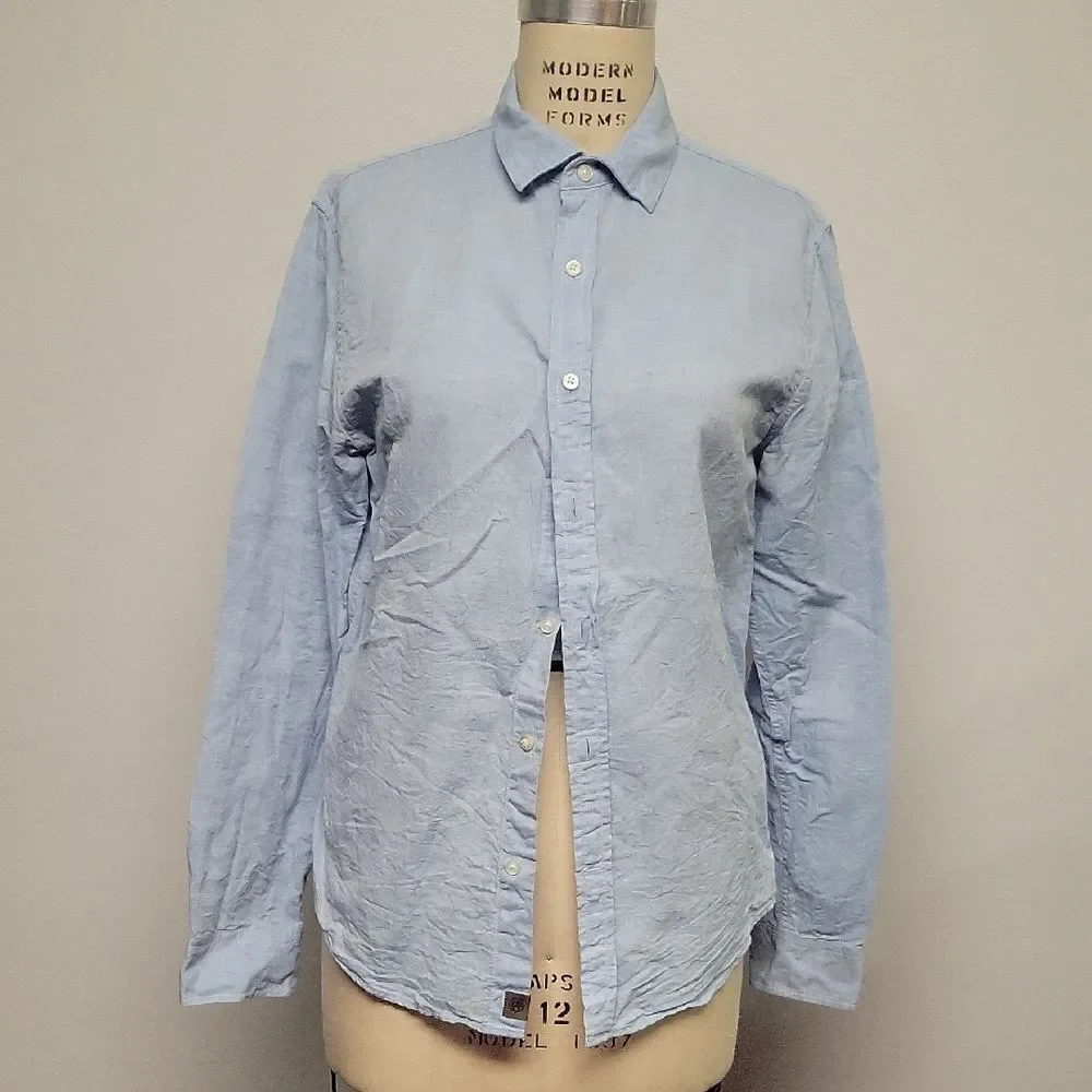 Banana Republic Light Blue Linen Untucked Slim Fit Casual Button Down Shirt, Med